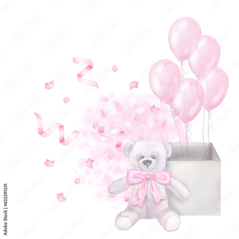 Postcard pink girl's birthday. Balloons box, teddy bear, confetti. Hand drawn watercolor illustration isolated on white background. For gender reveal party, baby shower, children's holiday.