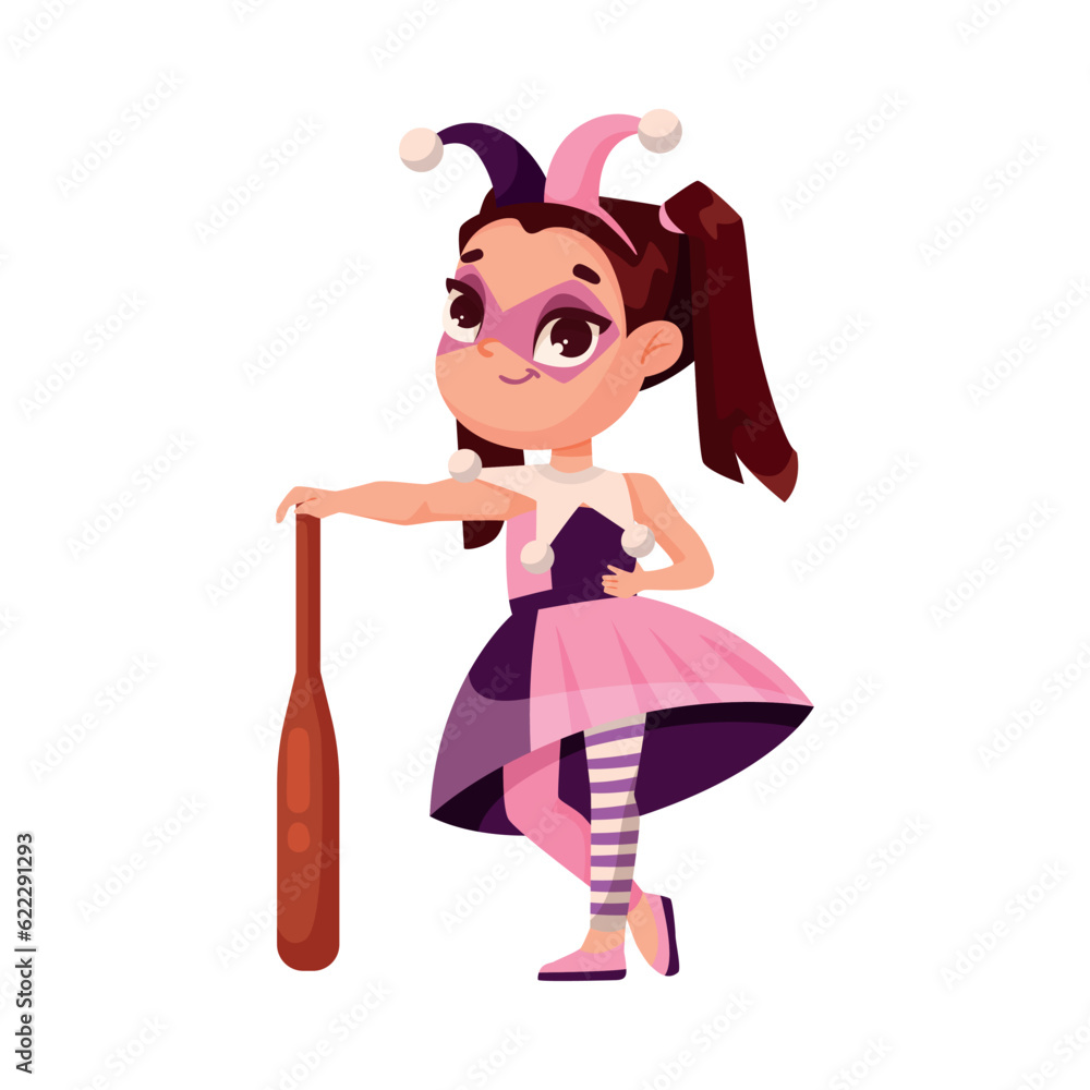 Cute Girl with Bat in Bright Halloween Costume Celebrate Holiday Vector Illustration Cute Girl with Bat in Bright Halloween Costume Celebrate Holiday Vector Illustration