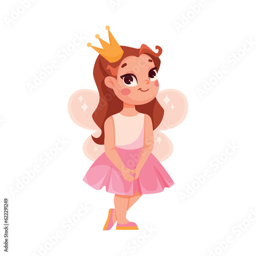 Cute Girl with Crown in Bright Halloween Princess Costume Celebrate Holiday Vector Illustration