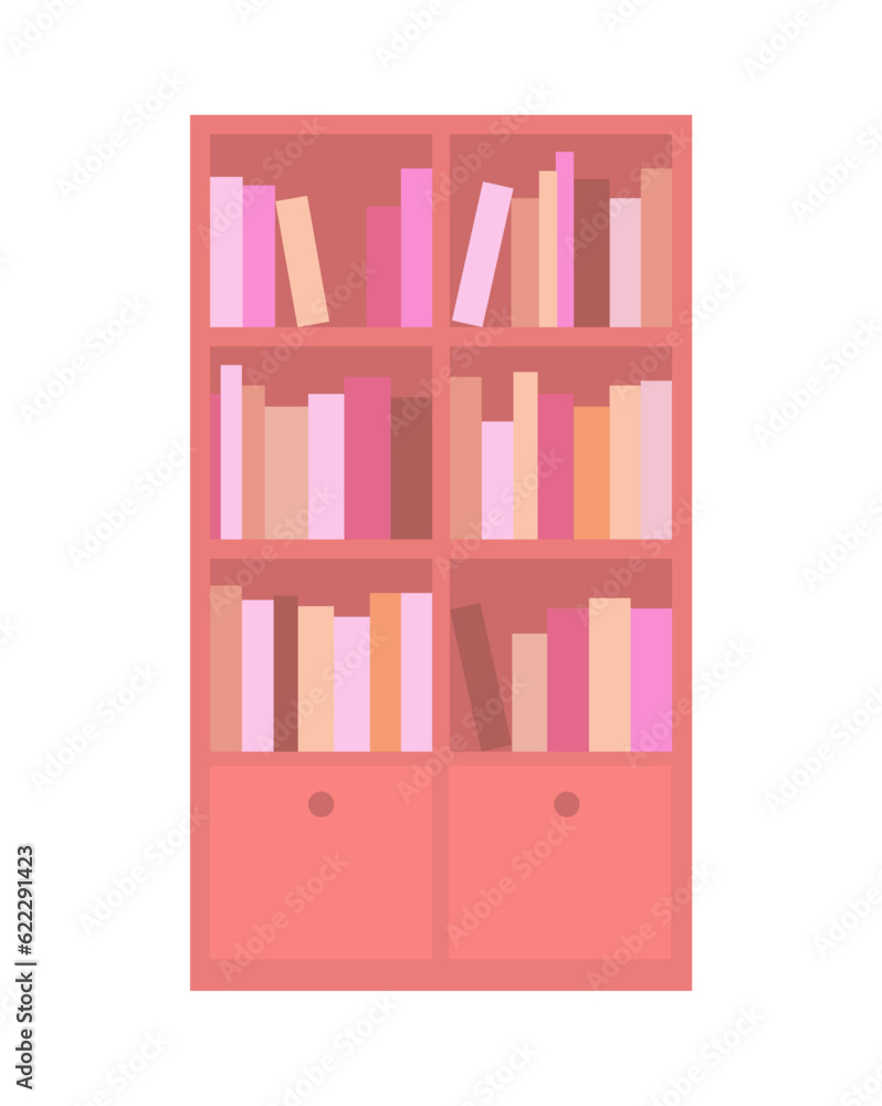 Wooden bookcases with shelves and books. Home library. Vector flat illustration isolated on white background Wooden bookcases with shelves and books. Home library. Vector flat illustration isolated on white background