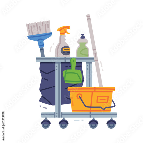 Cleaning Service Trolley or Cart with Detergents, Broom, Bucket and Mop Vector Illustration