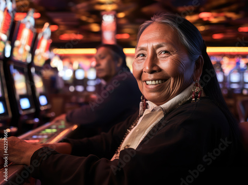 Native American Indian woman playing a slot machine in a casino