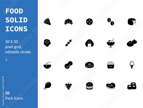 Food Solid Icon Set, Minimal Vector Illustration, Simple Outline Sign of UI/UX, Editable Stroke
