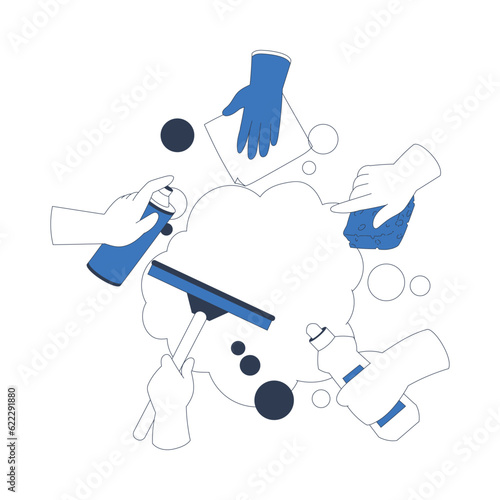 Cleaning Service with Hand Hold Cleanup Supplies Vector Illustration