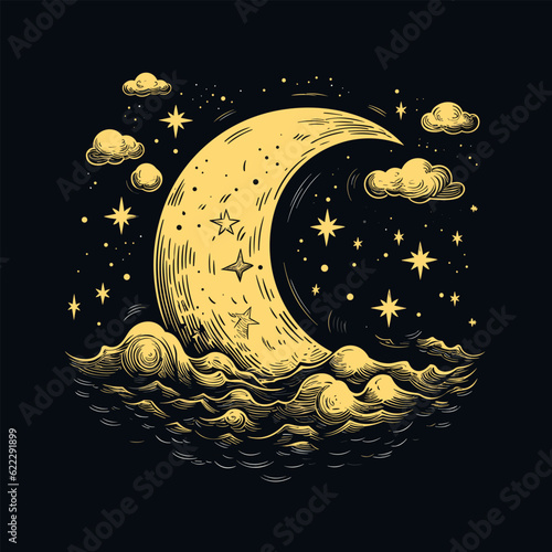 Moon hand-drawn comic illustration. Moon. Vector doodle style cartoon illustration