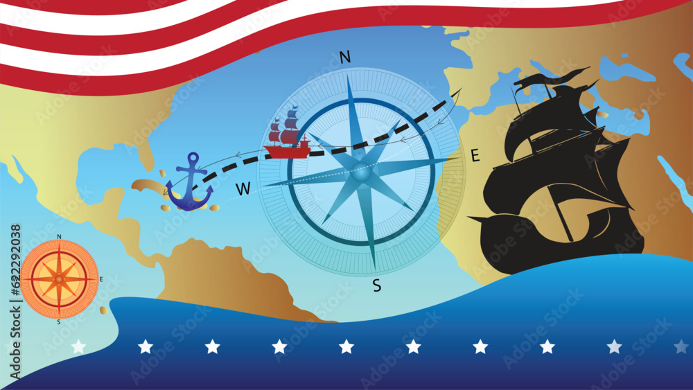 Columbus day world map, blue waves and USA flag color combination, compass in the background, celebrate Christopher Columbus discover the America, old marine navy ship and strips background