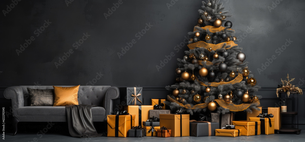 Black and Gold Christmas Tree, Modern Luxury Decoration, Christmas Interior with Presents – Generative Ai