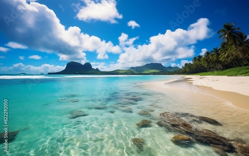 A sandy beach with waves coming in to the shore. AI