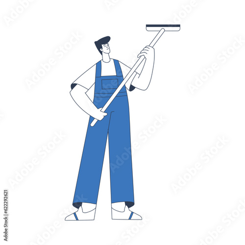 Cleaning Service with Professional Man Worker Character Standing with Scrubber Vector Illustration