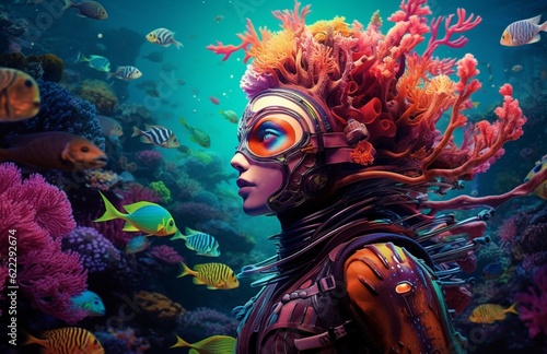 a woman diver in the water among a fishes , wearing corals on the head