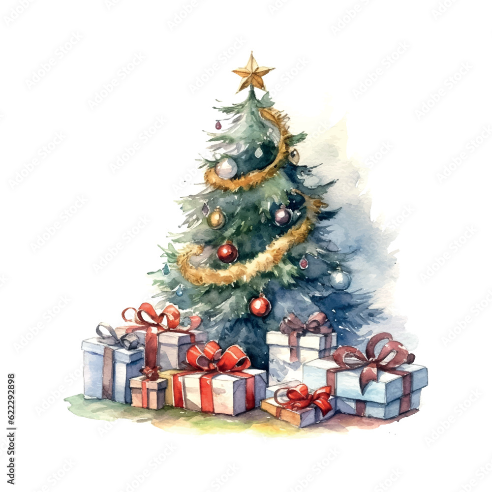 Beautiful christmas tree gifts watercolor, great design for any purposes. Holiday greeting card design. New year symbol.