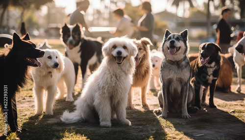 Canine Joyful Diversity of Happy Dogs in a Group Portrait at the Park Generative AI