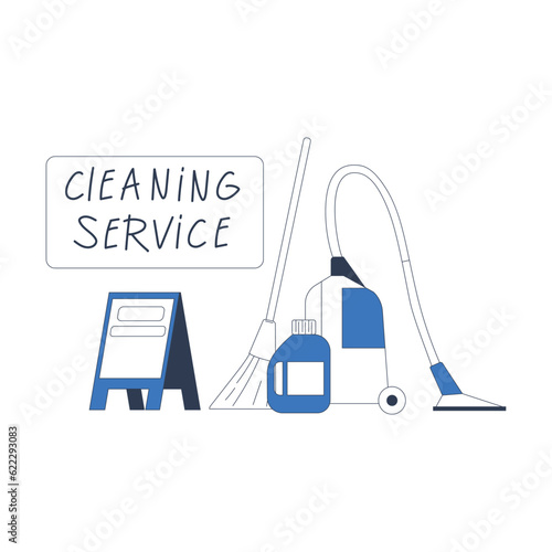 Cleaning Service and Cleanup Supplies with Vacuum Cleaner and Broom Vector Illustration