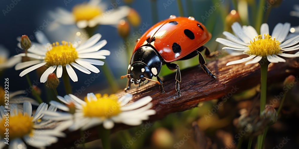 AI Generated. AI Generative. Ladybird ladybug on saisies field. Insect nature outdoor landscape background flower leaf and bug. Graphic Art