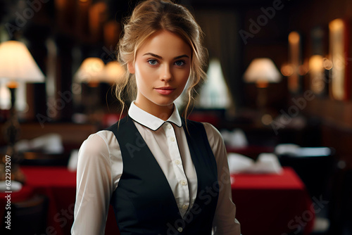 attractive businesswoman hostess working in hotel restaurant. AI generative photo