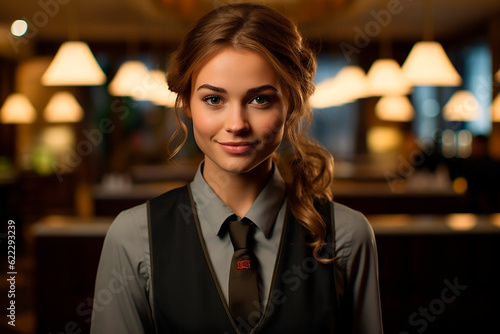 attractive businesswoman hostess working in hotel restaurant. AI generative