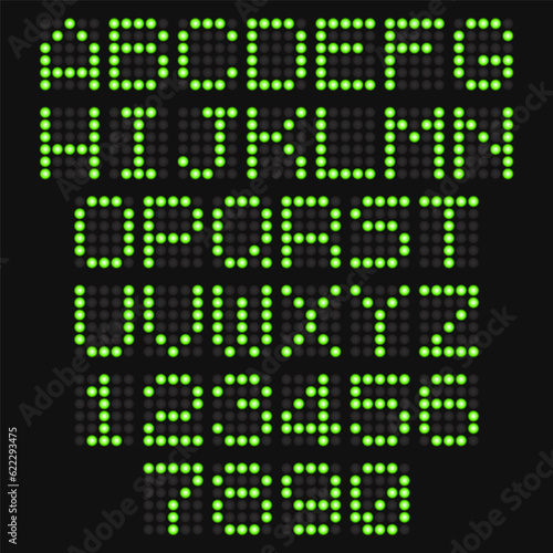 LCD letters and numbers for a electronic devices. Digital glowing figures. Electronic scoreboard. Vector illustration.