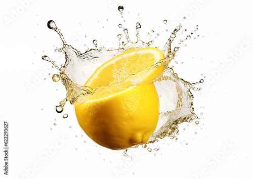 Lemon with water splash or explosion flying in the air on a white background