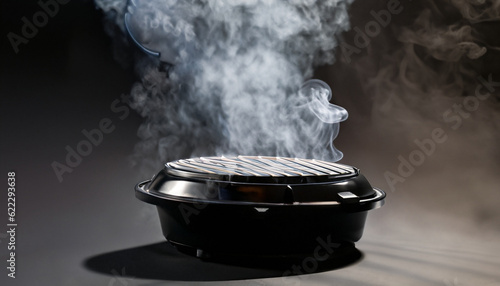 Smoke coming from a hot barbecue fire in a low angle view of a small circular portable black grill over a dark background with copy space