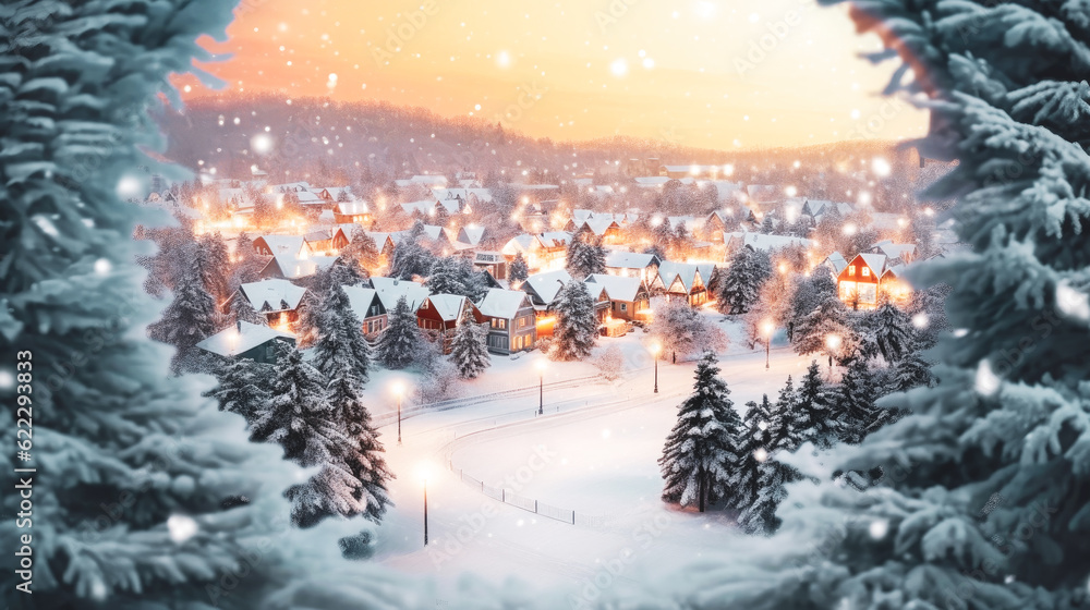 Christmas holiday card with winter landscape with a snowy houses in the mountains. Fairy night view with cute rural houses. Winter wonderland with footsteps in snow. Winter vacation.