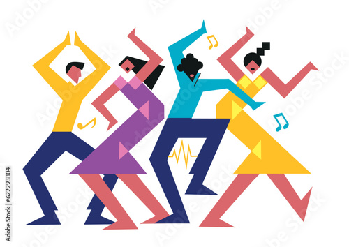  Two dancing couples, wild crazy dance party,cartoon. Abstract stylized Illustration of disco dancers. Isolated on white background. Vector available.
