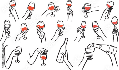 Canvas Print Collection of different hands gestures hold wineglass or drink