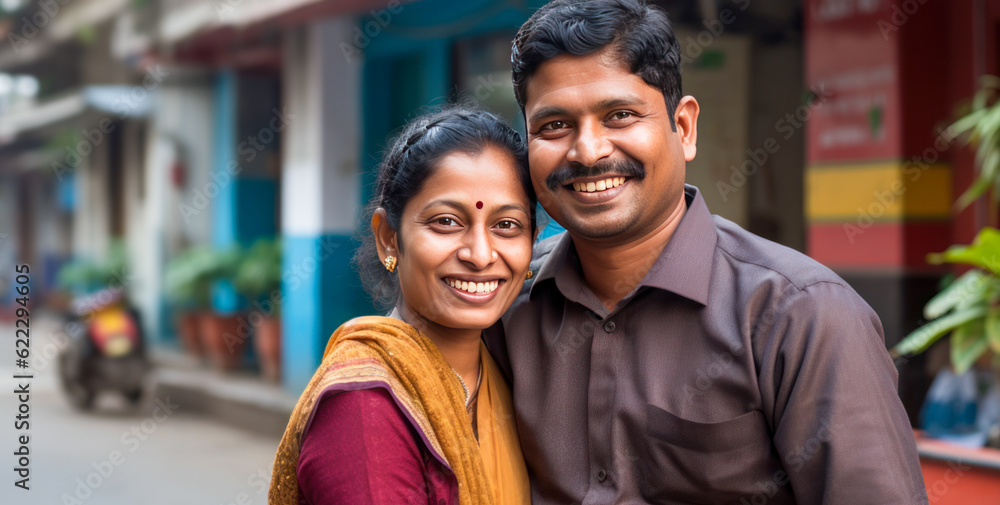 Happy Asian couple standing together posing on a suburban street.