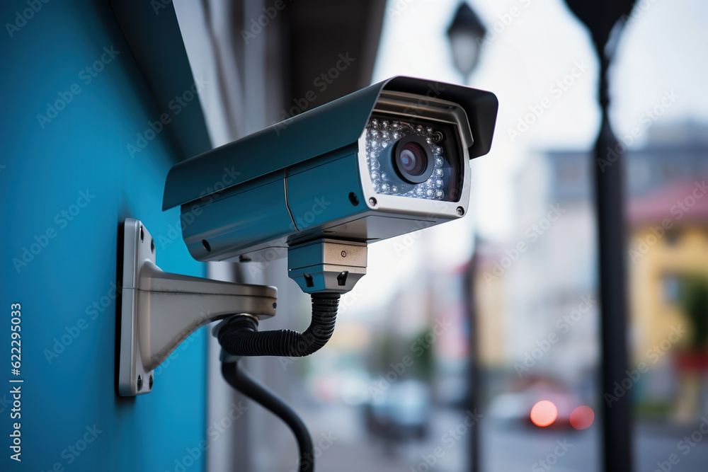Security surveillance camera on wall, modern building. CCTV in city Security surveillance camera on wall, modern building. CCTV in city