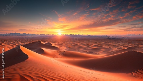 Sunset over the sand dunes in the Sahara desert