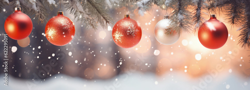 Red Baubles, Christmas Tree Balls, Christmas Tree Decoration, Snow – Generative Ai © Unitify