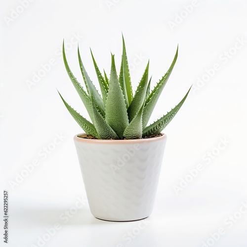 Cute mini Aloe plant in a pot white background depth.