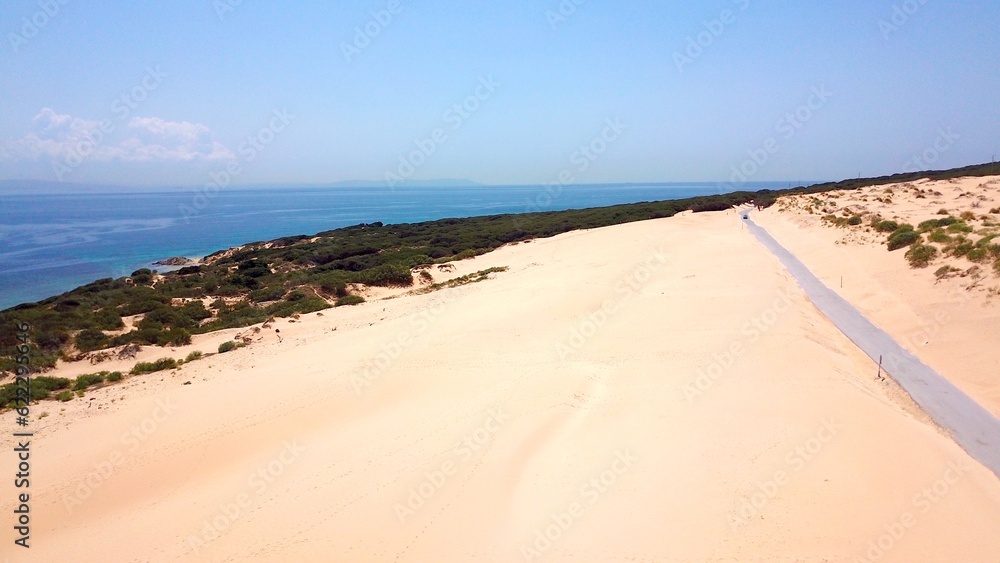 Luftaufnahme der großen Sanddüne in Valdevaqueros mit einem Pinienwald und dem Atlantischen Ozean dahinter im Sommer, Tarifa, Andalusien, Provinz Cádiz, Spanien