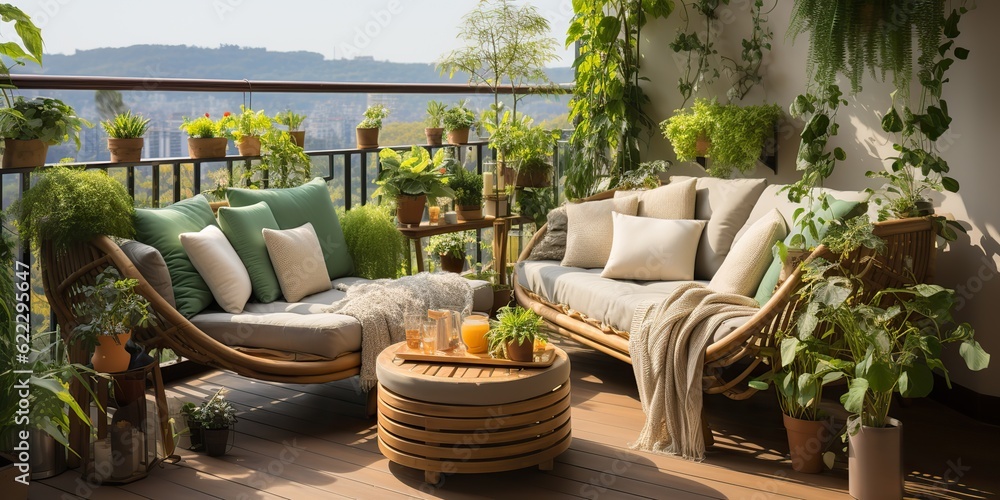 AI Generated. AI Generative. Cozy family home hotel apartment terrace balcony with sit chairs wooden table and many plants. Vacation relax vibe. Graphic Art AI Generated. AI Generative. Cozy family home hotel apartment terrace balcony with sit chairs wooden table and many plants. Vacation relax vibe. Graphic Art