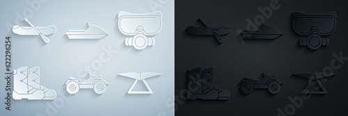 Set All Terrain Vehicle or ATV motorcycle, Diving mask, Boots, Hang glider, Jet ski and Rafting boat icon. Vector