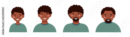 Avatars of black man in different ages - from boy till elderly person in flat style. Portraits of african men.	
