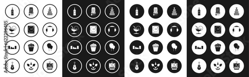 Set Wine glasses stacked in a pyramid tower, Vinyl player with vinyl disk, Martini, Bottle of wine, Headphones, Karaoke, Balloons ribbon and Home stereo two speakers icon. Vector