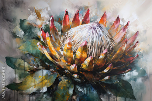 Abstract floral oil painting. Colorful protea flower art