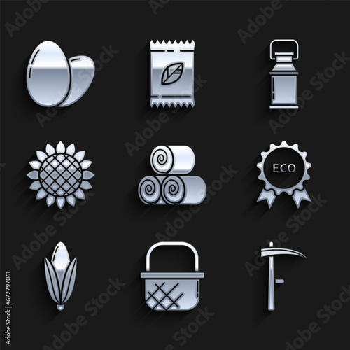 Set Roll of hay, Shopping basket, Scythe, Banner, label, tag, logo for eco, Corn, Sunflower, Can container milk and Chicken egg icon. Vector