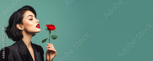 Fotografia Beautiful young woman with red lips holding a red rose banner