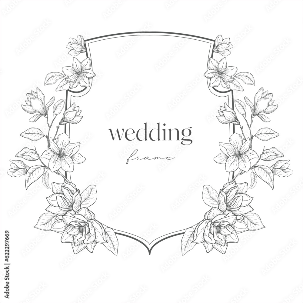 Wedding Crest with Flowers. Line Art Illustration. Wedding Crest with Flowers. Line Art Illustration.