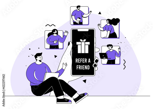 Refer a friend loyalty program flat illustration, Man shout on megaphone, Referral marketing, Friends loyalty program, Promotion method, affiliate partnership and earn money, Marketing strategy, 