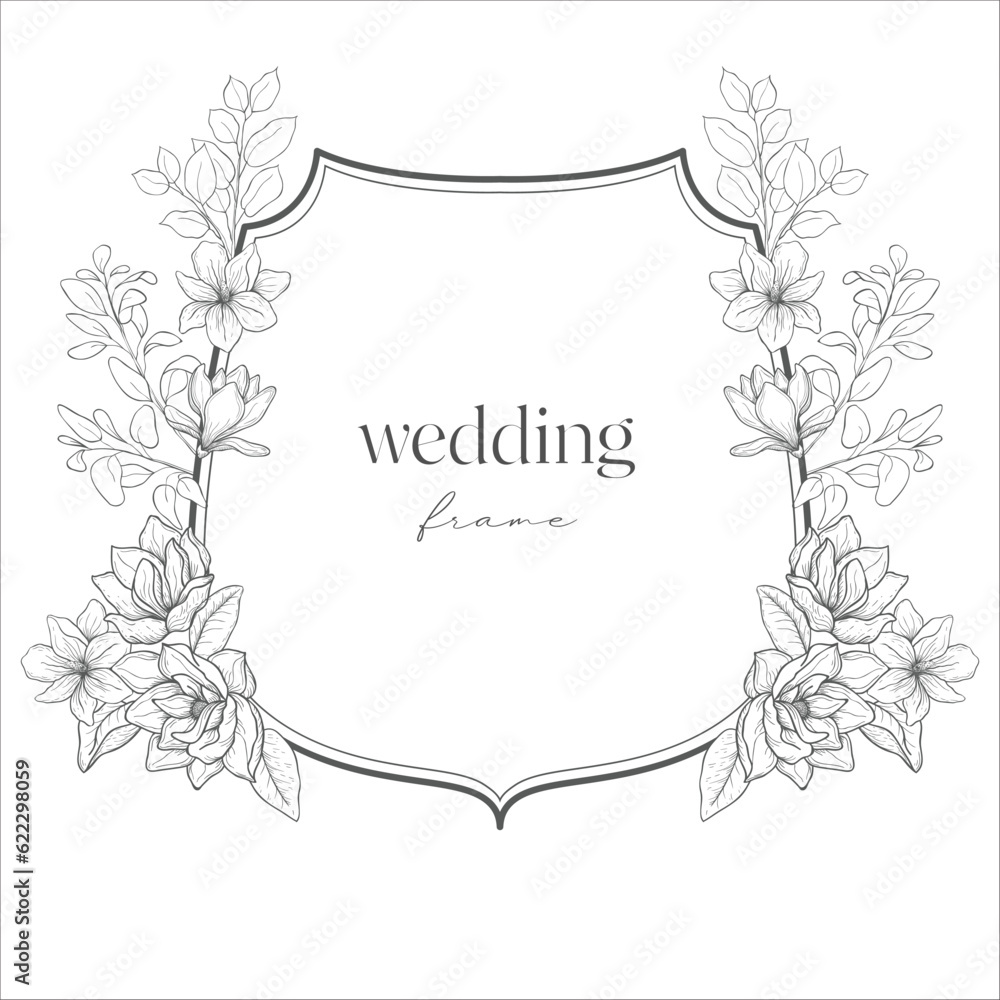 Wedding Crest with Flowers. Line Art Illustration.