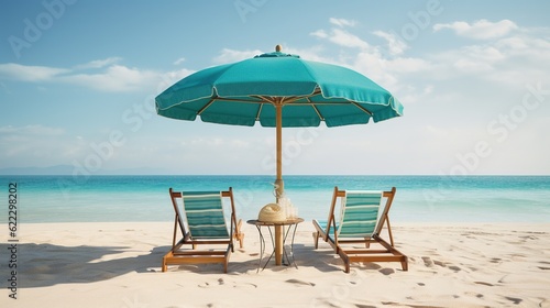2 Seats under an Umbrella, Sunny Day at Beach. Generative AI.