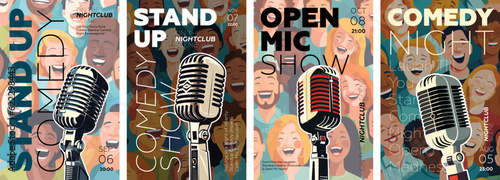 Stand up comedy show poster set. Open mic night funny event flyer or placard template collection. Drawing artworks retro microphone with laughing people. Typography banner design. Vector illustration