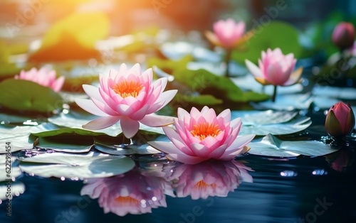 Two pink water lilies floating on top of a pond. AI
