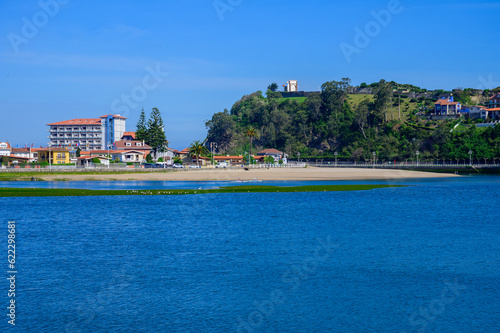Panoramic view, vacation on Costa Verde, Green coast of Asturias, Ribadesella village with sandy beaches, North of Spain