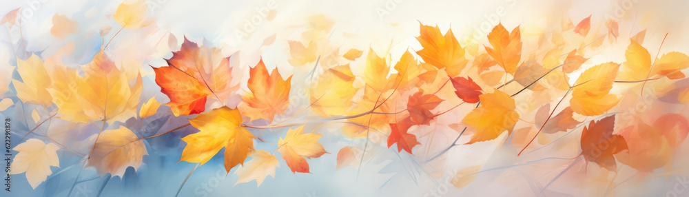 Colorful autumn scene in the forest with maple leaves in the fall. Generative AI illustrations