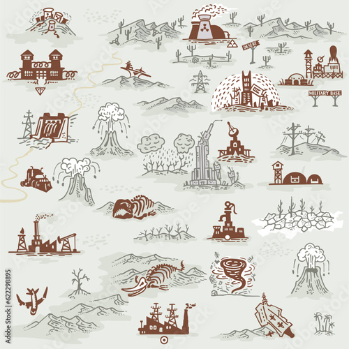 Post Apocalyptic Line Art Illustrations for Map Builder