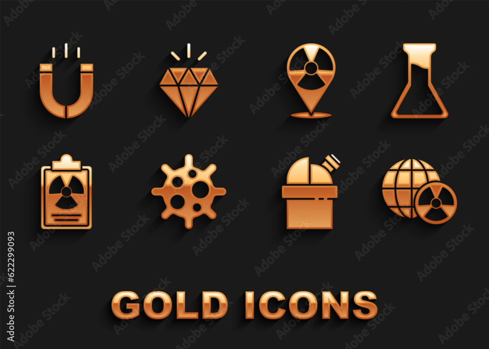 Set Virus, Test tube and flask, Planet earth radiation, Astronomical observatory, Radiation warning document, Radioactive location, Magnet and Diamond icon. Vector Set Virus, Test tube and flask, Planet earth radiation, Astronomical observatory, Radiation warning document, Radioactive location, Magnet and Diamond icon. Vector