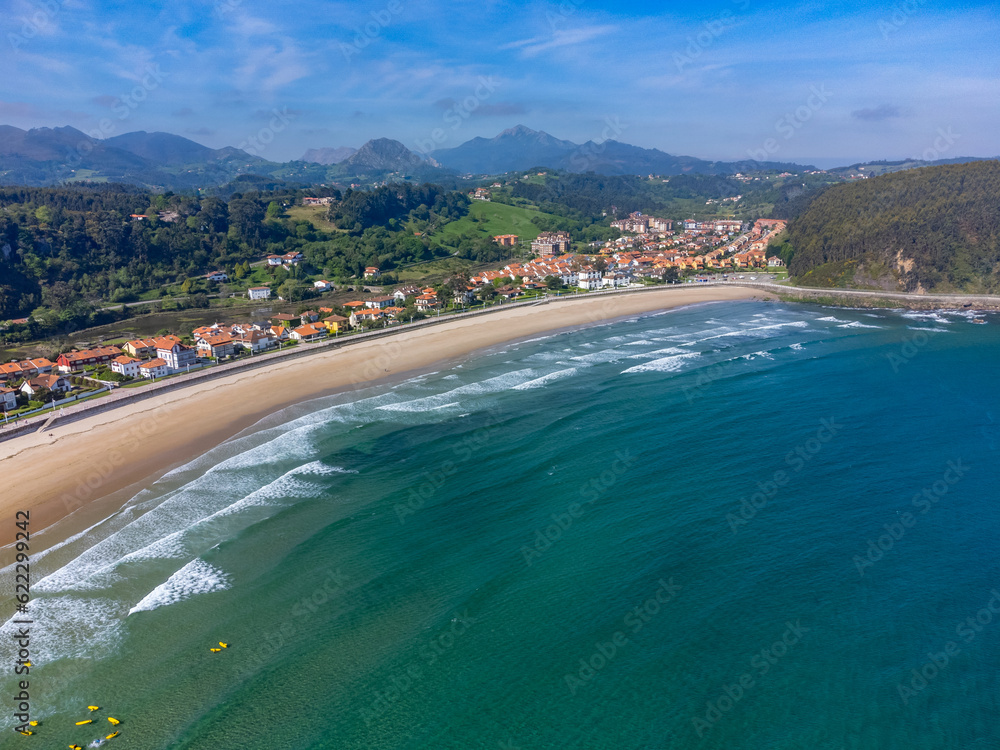 Vacation on Costa Verde, Green coast of Asturias, Ribadesella village with sandy beaches, North of Spain